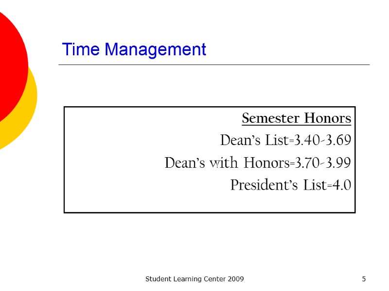 Student Learning Center 2009 5 Time Management Semester Honors Dean’s List=3.40-3.69 Dean’s with Honors=3.70-3.99